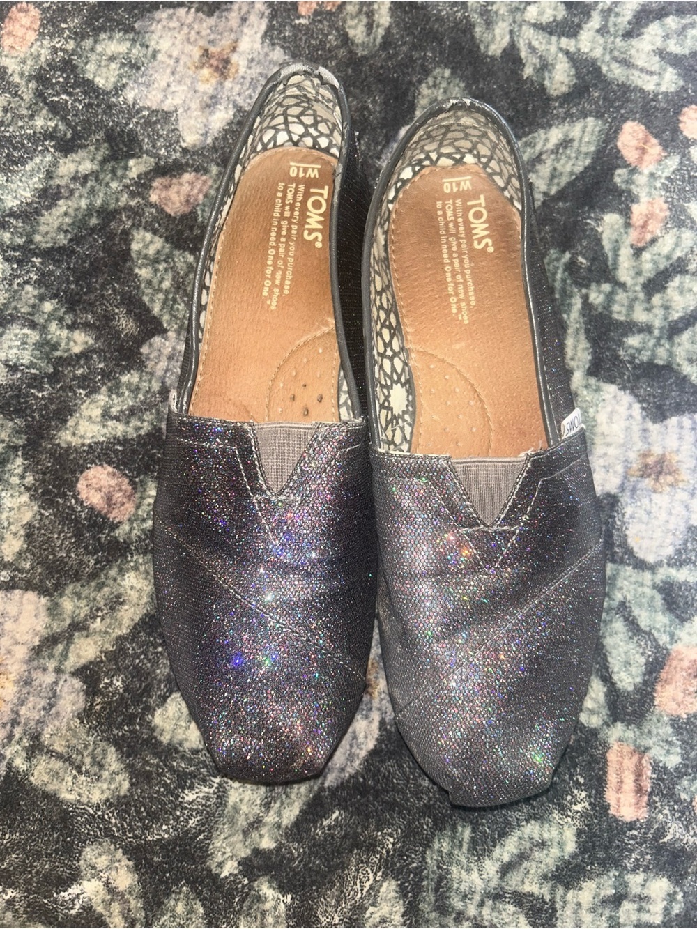 TOMS Kids Glitter Slip-On Moccasins in Iridescent Black